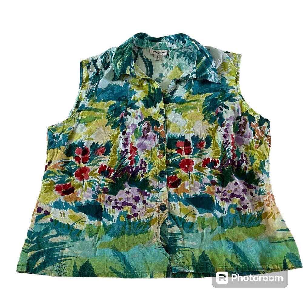 Coldwater Creek Watercolor Floral Scene Button Up Tank Top Wmns Sz XL
